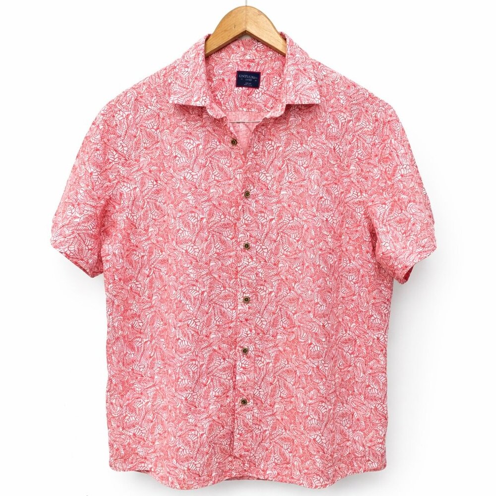 UNTUCKit Hawaiian 100% Linen Shirt Red Tropical Print Short Sleeve Sz L Vacation - Picture 2 of 8